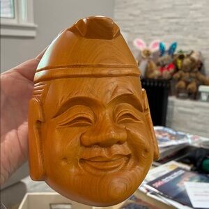 Carved Smiling Wood Mask - Warm Honey Tone